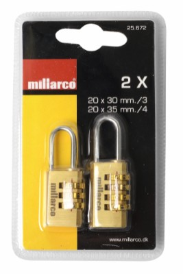 Millarco® hänglås med kod 3 och 4 skivor mässing