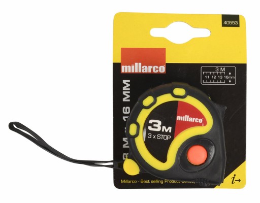 Millarco® måttband med stopp 16 mm x 3 meter